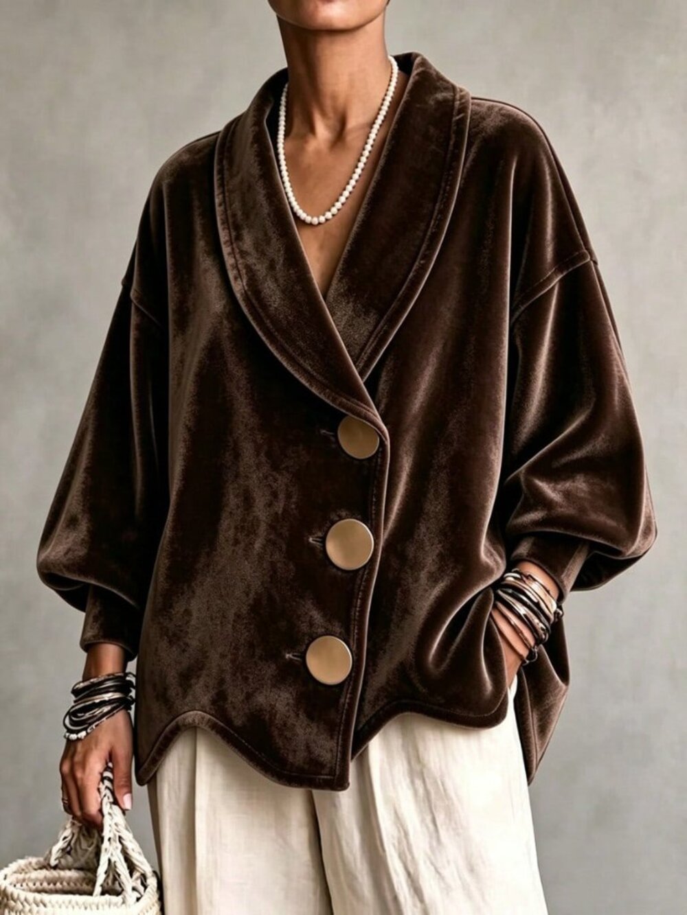 Brown Casual Women's Shawl Collar Velvet Asymmetrical Fringe Oversized Jacket